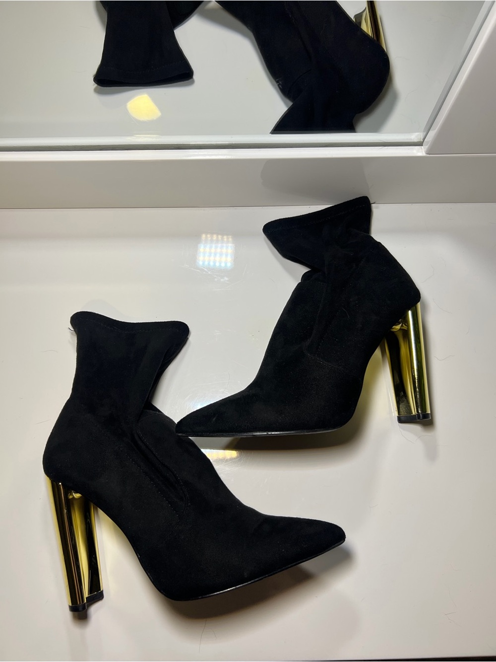 Black Suede Pointed Toe Ankle Boots with Gold Heel